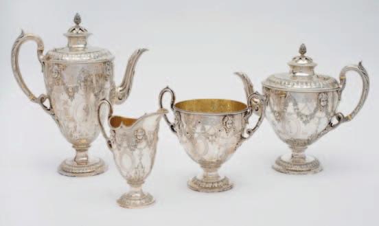 124 124 A Victorian four piece silver tea and coffee service, maker Martin Hall & Co Ltd, London, 1874, of classical vase form, with engraved and embossed decoration