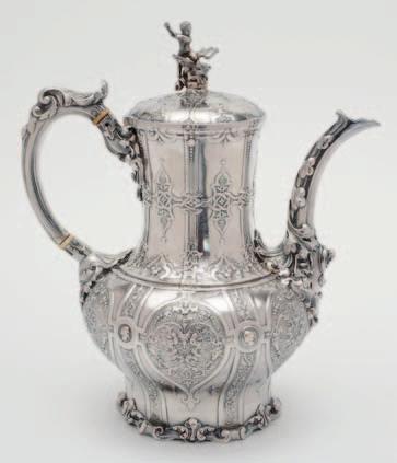 128 128 A Victorian Britannia standard silver coffee pot, maker Robert Garrard, London, 1853, of classical baluster form, decorated overall, in the Holbeinesque manner with panels and borders of