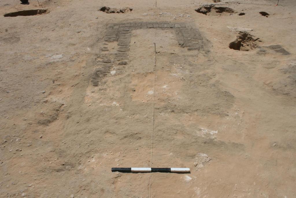 Figure 4: The Phase I mud-brick platform, viewed to the west. These platform steps were flanked by a pair of roughly circular pits <13807>, <13882>, around 0.5 m in diameter and 1m deep.