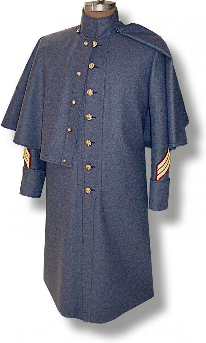 Cape to be made separate from the coat and to button on. Non-commissioned officers were to wear the chevrons of their rank at the cuffs with the point up. Shown with optional 1859 Sergeant Chevrons.