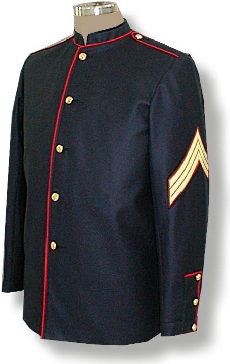 Five USMC buttons close the front with small buttons on the shoulder straps and cuff flashes. The buttons are sewn onto the coat for you. Sergeant Chevrons shown in the photo are optional.