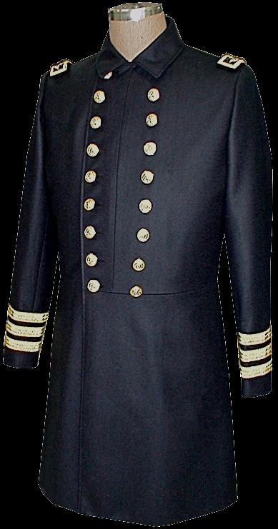 Double breasted for all ranks of Officers with an 18 button front and rolling collar. The 20 oz field service wool and black cotton lining are standard with up-grades optional.