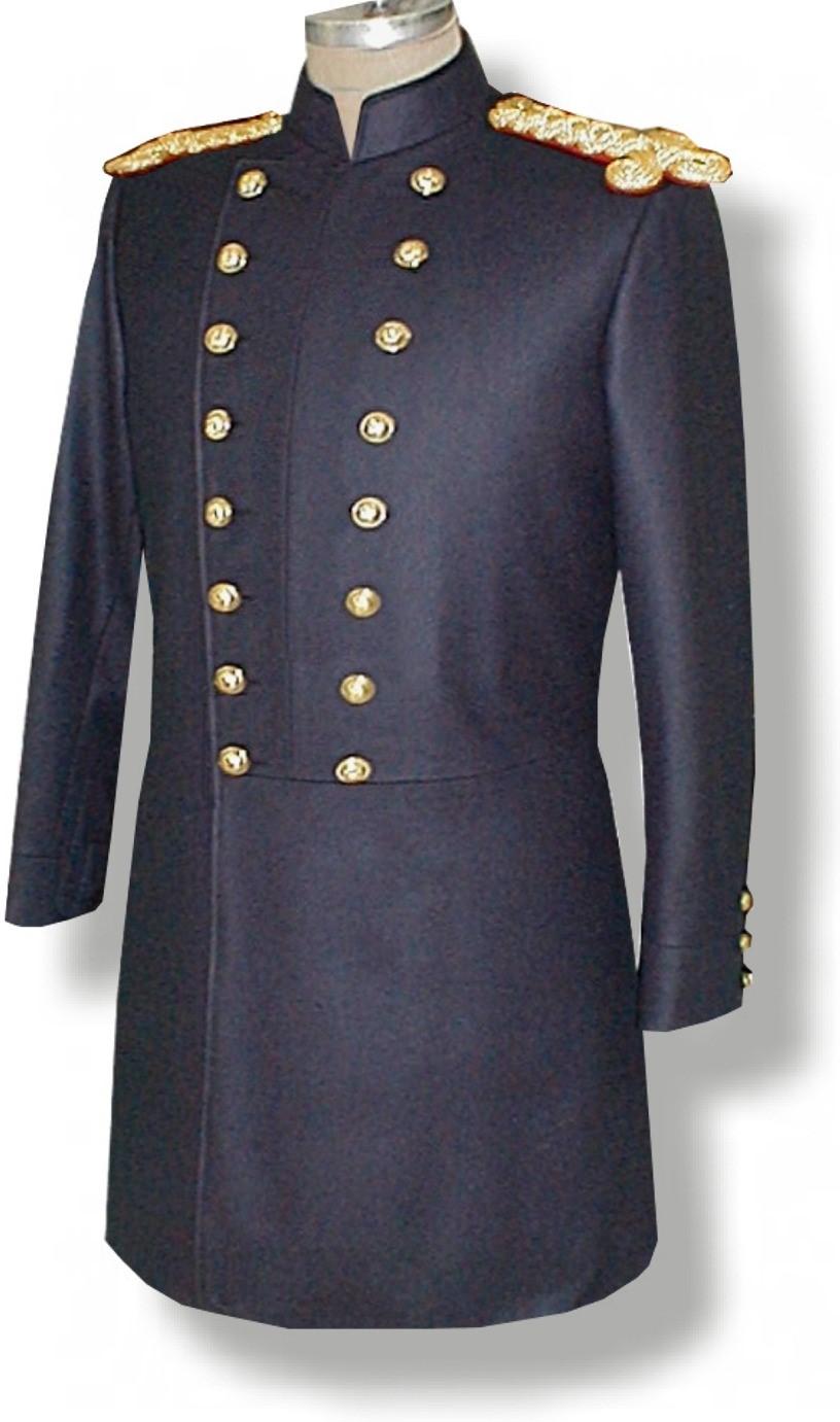 00 Up Grade to Deluxe 16 oz Dark Blue Wool, add.... $65.00 Sew On Shoulder Knot Attaching Hardware, add... $35.00 Sew the buttons on this Frockcoat for....... $22.00 Hand Stitched Button Holes (22).
