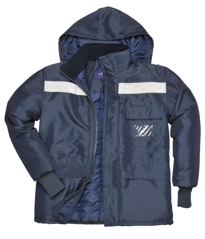 CS10 - Coldstore Jacket Jackets S768 - Execu<ve 5- Jacket Lined a-ached hood concealed under collar with drawstring. Fleece lined collar for extra warmth. Reflec<ve strips on front and back.