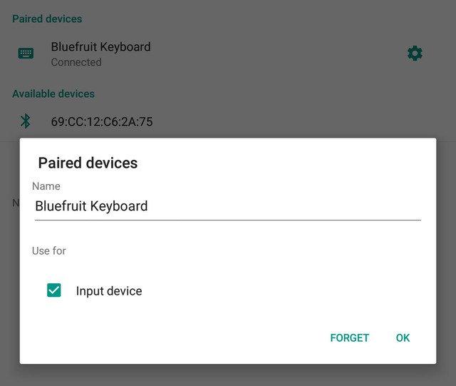 to a new 'Paired devices' list with 'Connected' written underneath the device name: To delete the bonding information, click the gear icon to the right of the device name and the click the Forget