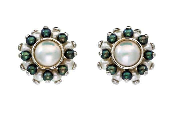 Sale 421 Lot 61 A Pair of 18 Karat White Gold, Cultured and Mabe Pearl Earclips, Verdura, containing two bezel set mabe pearls measuring approximately 12.09-12.