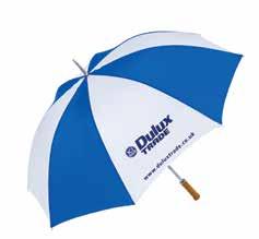 72 Budget Golf Umbrella Budget golf umbrella available in a large range of colours. 14mm stem, 75cm steel ribs, 130cm opened diameter, polished wooden handle.