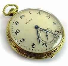 813 An early 20th century 14ct yellow gold cased fob watch by Waltham, the circular dial with black Arabic numerals and second hand section within a fl orally engraved case, overall 61.