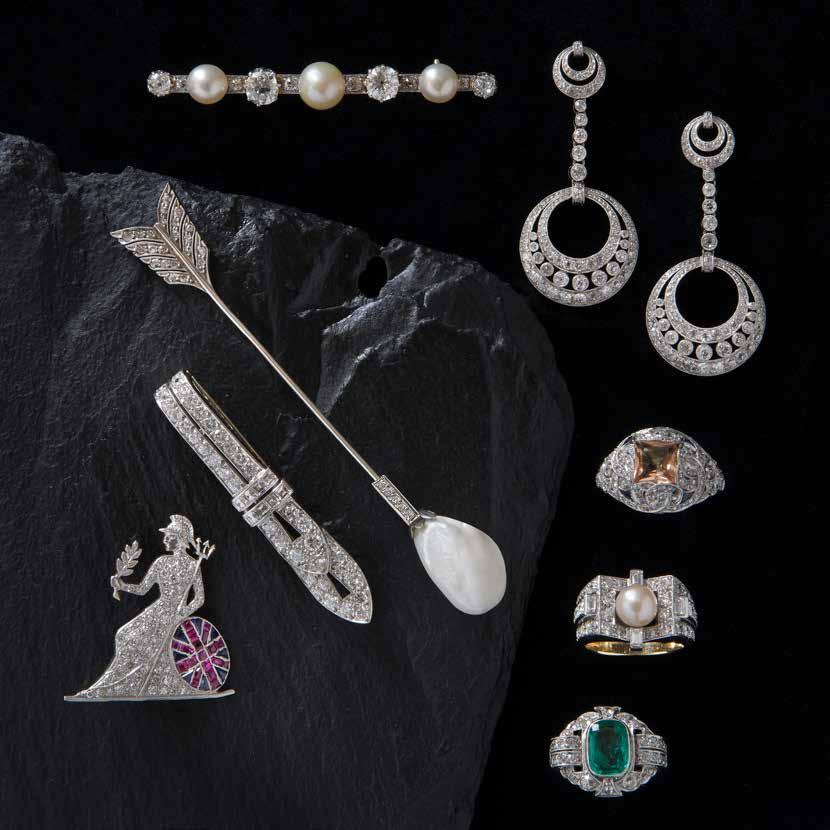 Edwardian pearl & diamond bar brooch pearls certificated natural saltwater circa 1910 Diamond drop circa 1960 Pearl & diamond jabot pin circa 1915 Topaz & diamond ring circa 1915 Art Deco diamond