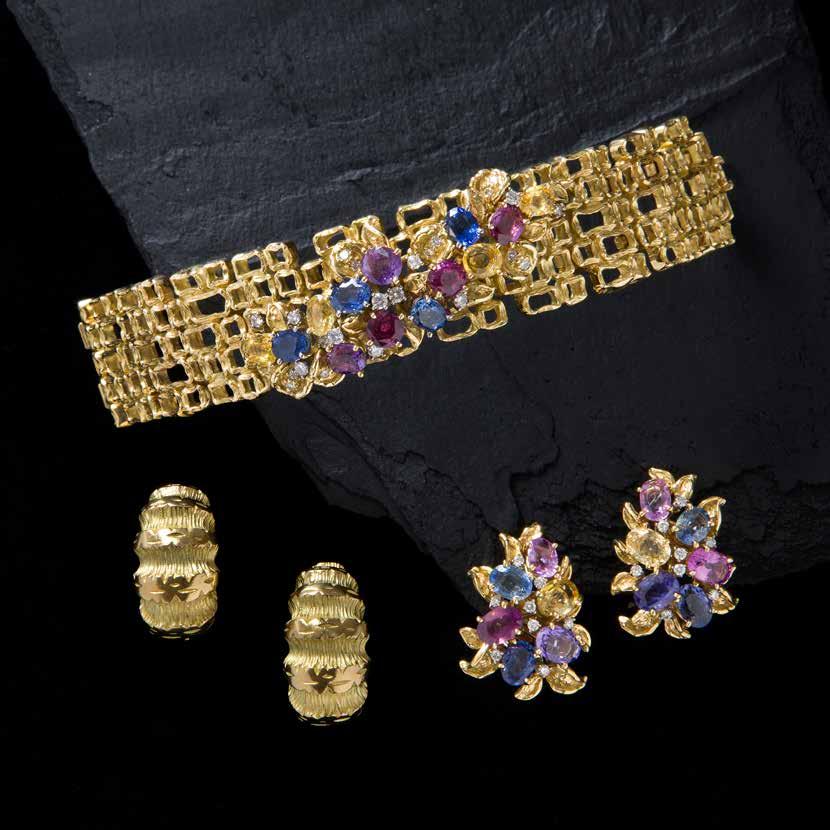 Bracelet set with diamonds & multi-coloured sapphires circa 1970 Earrings set