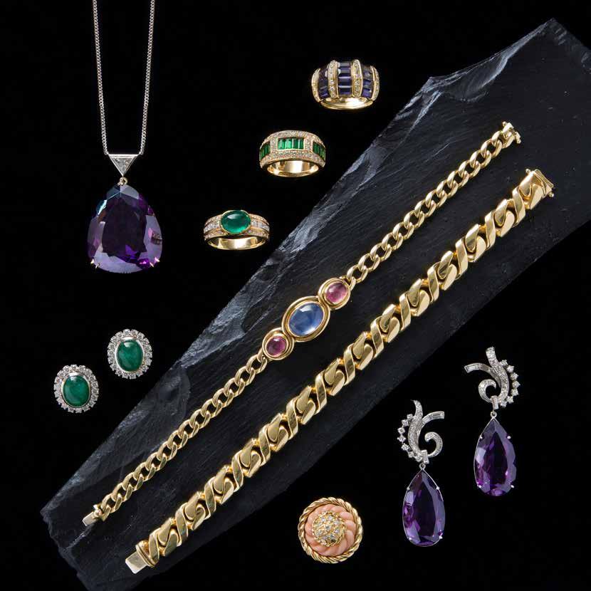 Tanzanite & diamond ring Tsavorite garnet & diamond ring Bracelet set with blue and pink sapphires by Bulgari Amethyst & diamond pendant amethyst estimated