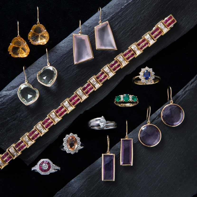 Carved citrine Rose quartz Ruby & diamond bracelet Sapphire & diamond cluster ring Green quartz Emerald & diamond