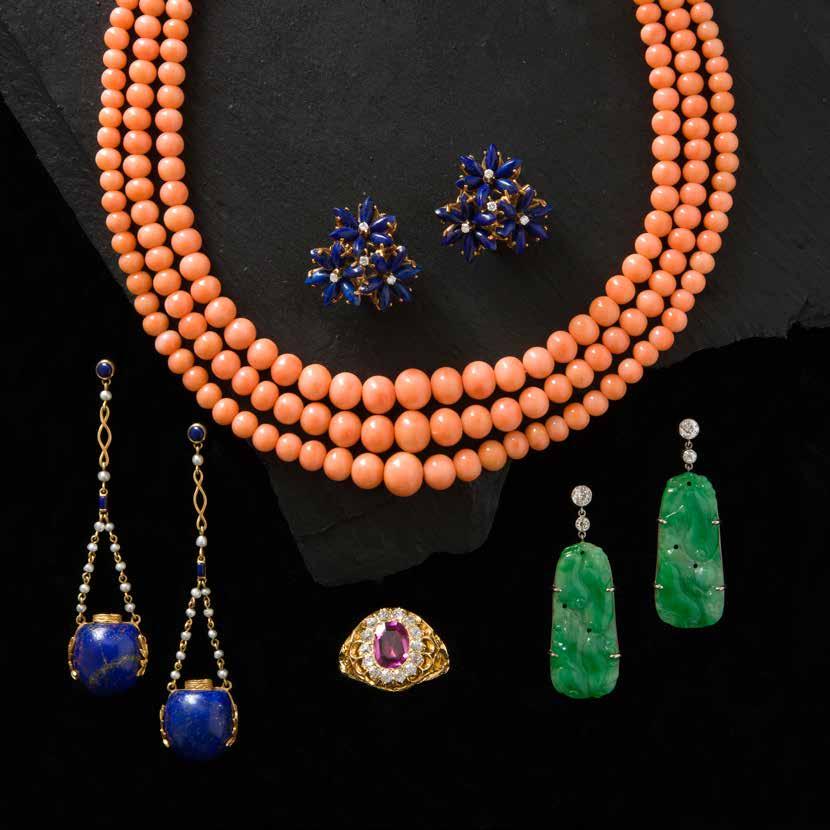 Three row coral necklace circa 1900 With original case Lapis lazuli & diamond Lapis lazuli & pearl drop circa 1900 Jade