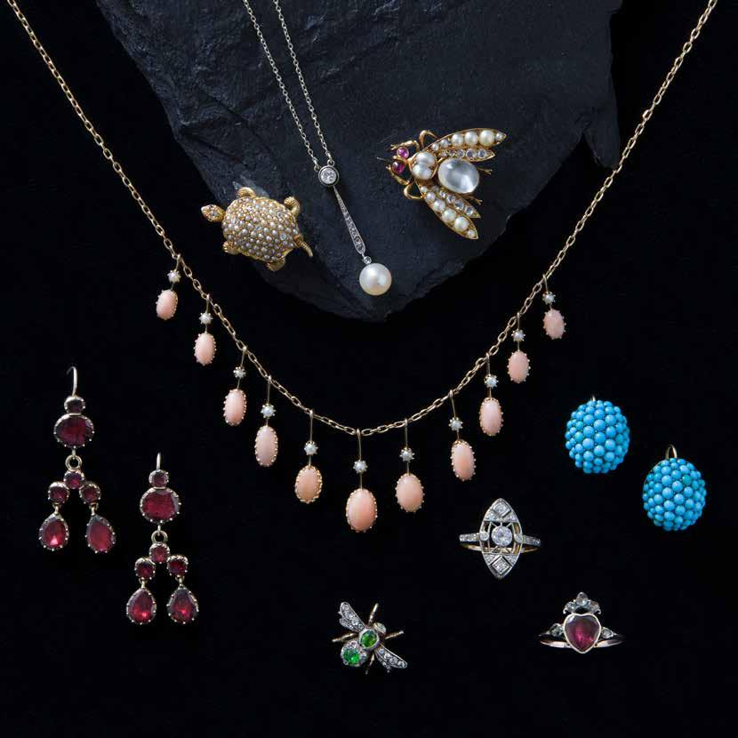 Edwardian pearl & diamond pendant circa 1910 Pearl & diamond tortoise brooch circa 1910 Moonstone & pearl fly brooch circa 1900 Coral & pearl necklace