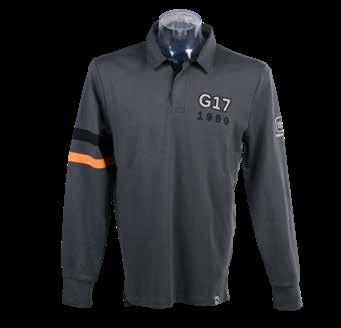 G17 RUGBY SHIRT MEN This long sleeve GLOCK Rugby Shirt in grey features: 100% cotton GLOCK Perfection logo print on the left arm embroidery on left chest side orange and black stripes on the right