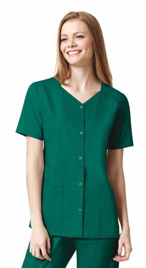 Housekeeping 65% polyester and 35% cotton blend fabric. Wonder Work Ladies V-Neck Top Features a soft line V-neck shape, vented sides, two large front patch pockets, and pen and cell pockets.