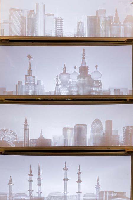 skylines composed of elements from Lobmeyr chandeliers representing Moscow,