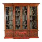 1139 George III style mahogany breakfront secretary third quarter 20th century; in two parts, swan neck pediment with central pierced fret work, three compartments with shelving enclosed by four