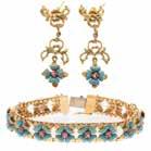 151 A Ladies Enamel & Ruby Jewelry Set in Gold 1)18K yellow gold bracelet featuring turquoise blue enamel flowers with faceted ruby centers, box clasp, safety latch, 65 in L, and 2)14K yellow gold