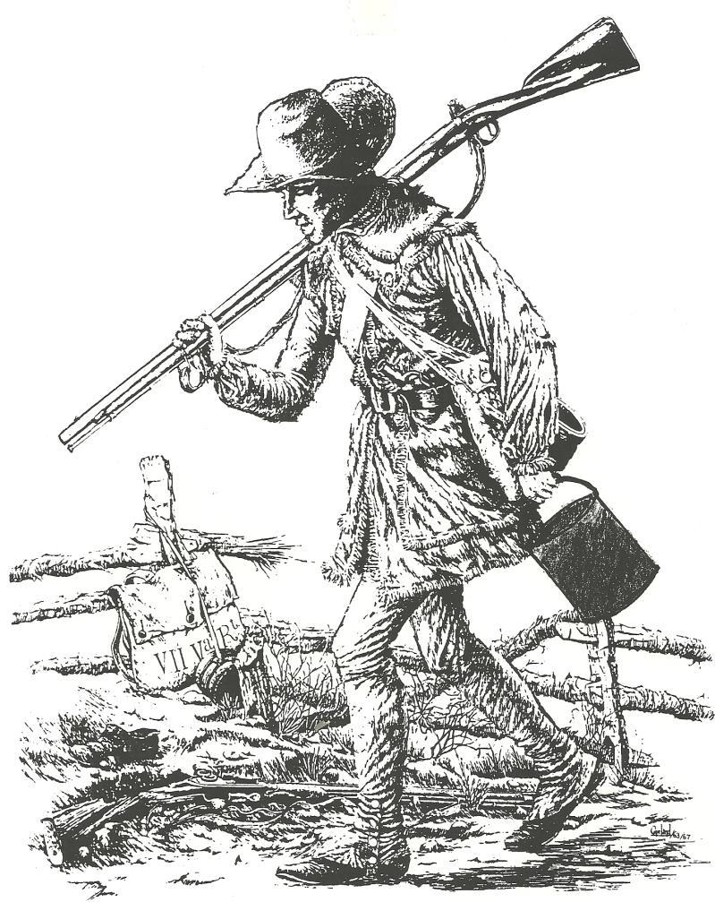 Continental soldier wearing typical warm weather wear consisting of linen hunting shirt and linen overalls. This soldier carries a camp kettle, one kettle was allotted to each six-man mess group.
