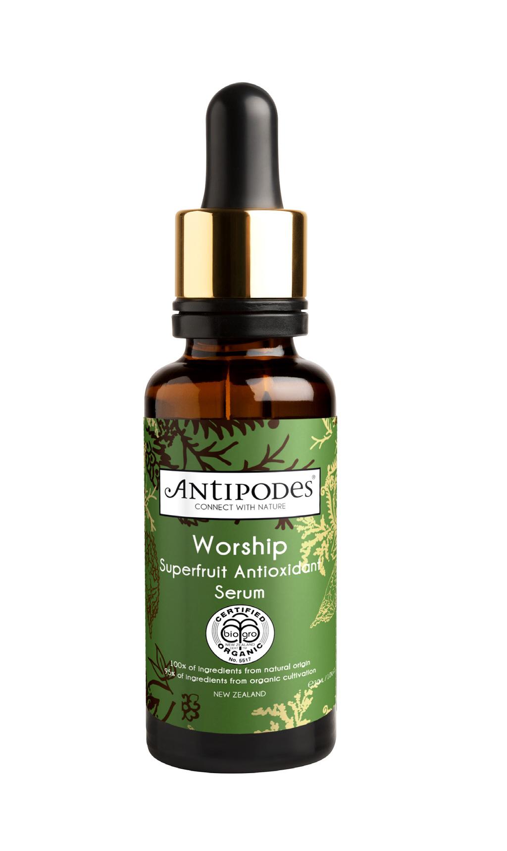 WORSHIP SUPERFRUIT ANTIOXIDANT SERUM 30ML Help fortify skin from early ageing Your Daily Shot of Youth New Zealand-grown superfruit boysenberry, blackcurrant and kiwifruit are antioxidant-rich to