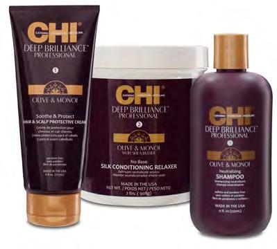 TEXTURE CHI DEEP BRILLIANCE RELAXER SYSTEM The CHI Deep Brilliance Olive & Monoi Silk Conditioning Relaxer System is formulated using a rich blend of Silk, Olive Oil, Monoi Oil, and Shea Butter