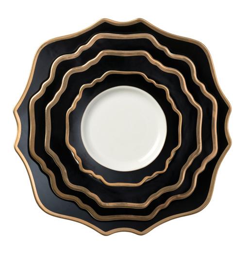 ELEGANCE BLACK Material: Ceramic Colours: Black + White + Gold profile Features: Antique ceramique dinnerware collection with scalloped
