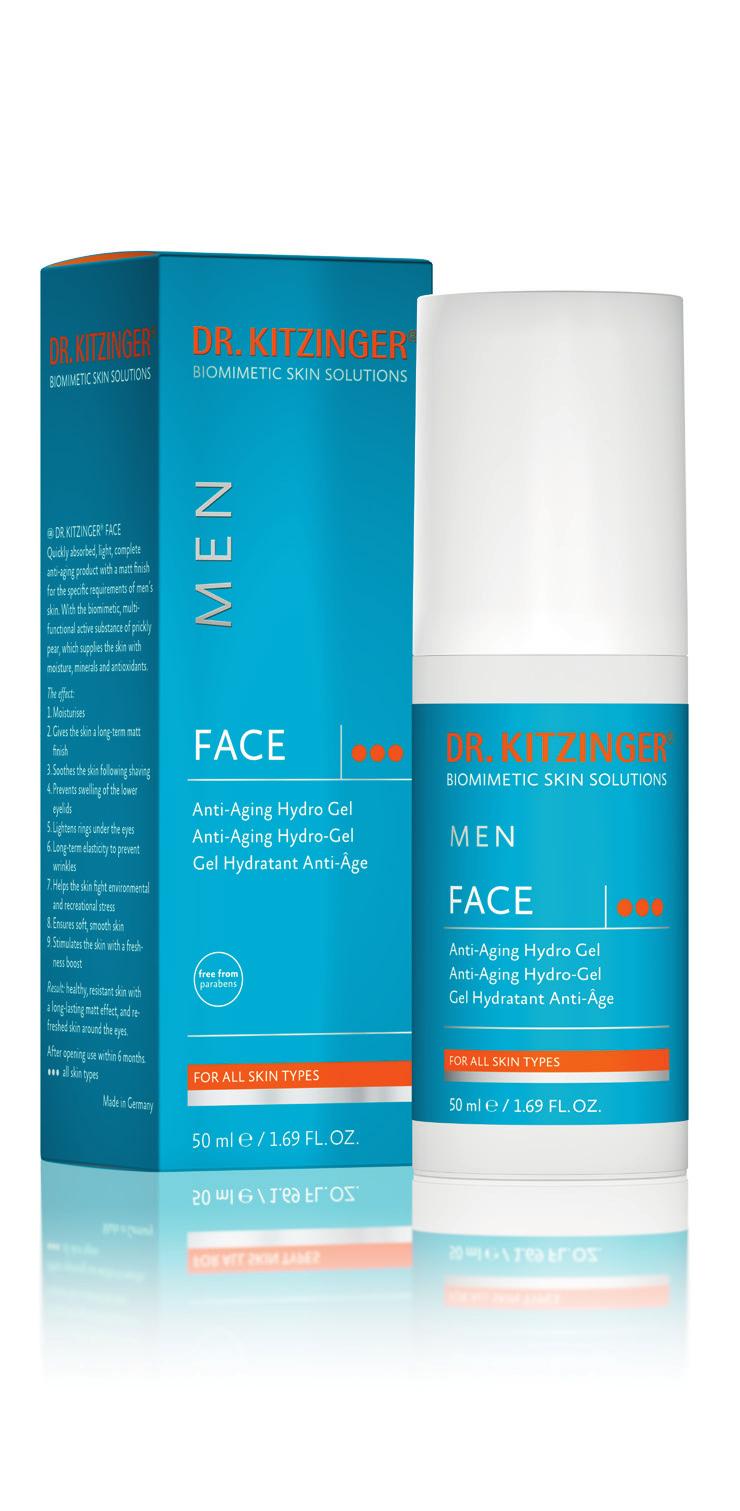 DR. KITZINGER MEN FACE ANTI-AGING HYDRO-GEL The hydro gel is an extremely light anti-aging product which is quickly absorbed, leaving behind a long-term matt finish.