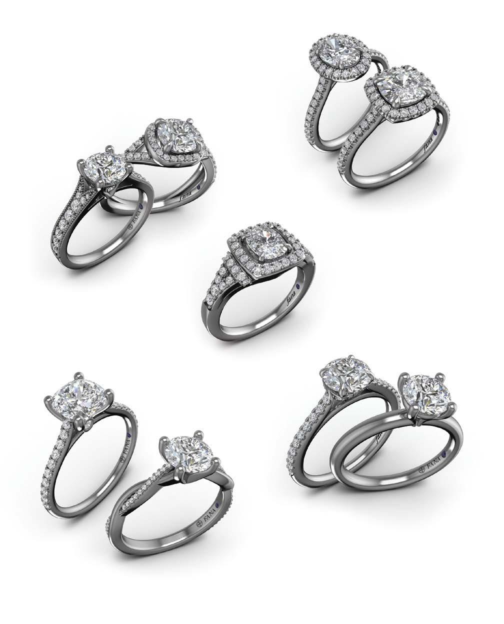 1 2 3 4 5 8 6 9 7 14K gold and diamond engagement ring settings, center diamonds sold separately. 1. Delicate oval shaped halo and pavé band (S2792) $1495. 2. Bold cushion halo with pavé band (S2790) $1495.