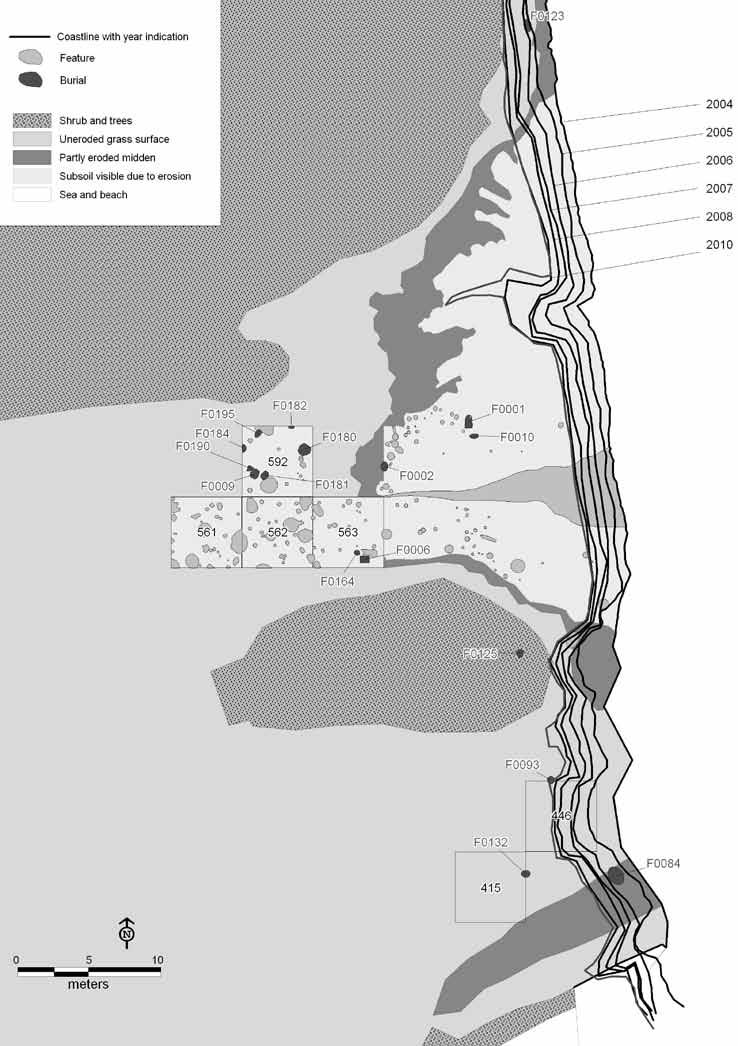 Kaye et al.: Bowls and Burials 93 Fig 2: Map of Grand Bay showing burials, excavated trenches (hatched) and coastal erosion along the profile. the newly elected government outlawed the mining of sand.