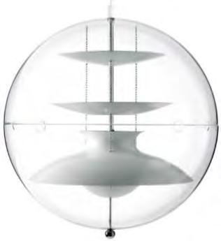 PANTO PENDANTS Design: Verner Panton, 1977 Ø40 cm / Ø50 cm Pendant made of transparent acrylic. White reflectors inside. Suspended by three steel chains.