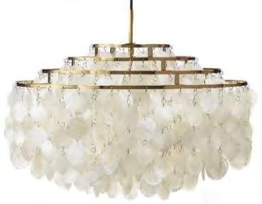 100W Art. no. EU: 11520606001001 940 FUN 10DM WITH BRASS FINISH Ø57 cm / H: 38 cm Pendant with mother of pearl discs on four ring metal frame with brass finish. Ceiling canopy with brass finish (incl.