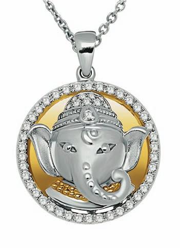 An 18-karat white and yellow gold Ganesha pendant encircled with a diamond-studded ring is priced at H25,500.