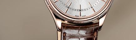 Silver guilloche 18 ct pink gold hour markers and hands STRAP Shiny brown alligator leather