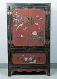 1 A HARDSTONE-INLAIED RED LACQUER CABINET 百宝嵌红漆立柜 Of rectangular form, the doors and two sides finely embellished with hard stones,