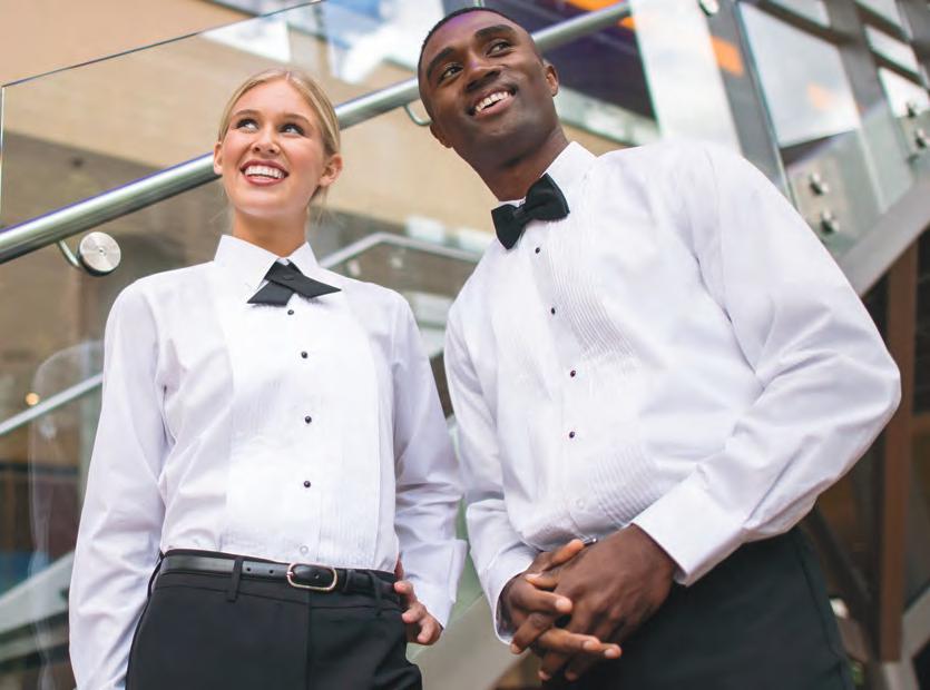 TUXEDO SHIRTS & APRON Convertible placket with black plastic studs and pearlized buttons.