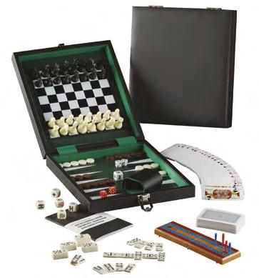 7751-6 in 1 Game Set Set includes boards and game pieces for checkers, chess, dominoes, backgammon and cribbage, four
