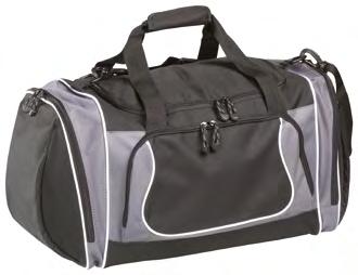 Polyester. Large main compartment with zippered opening.