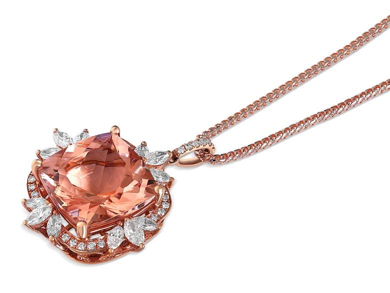 R 104 500* Stock Code: 173886 This one of a kind rose gold halo pendant has a cushion cut Morganite in the centre weighing 10.