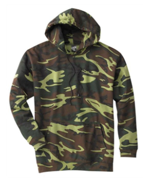 Camouflage Hoodie Sweatshirt With digital printed chest logo, 7.5 oz., 60% cotton, 40% polyester, pouch pocket and fleece-lined hood, and cover stitched 2 1X1 ribbed cuffs and bottom band.
