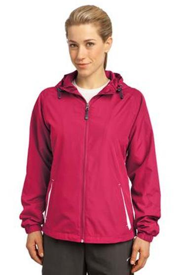Ladies Sport-Tek Colorblock Hooded Jacket With embroidered chest logo, 100% polyester shell, jersey lining, contoured silhouette,