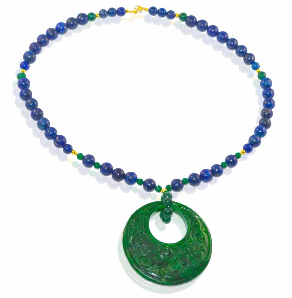 pearl, jade and Lapis lazuli necklace with lapis lazuli pendant 0211/583 Two-strand