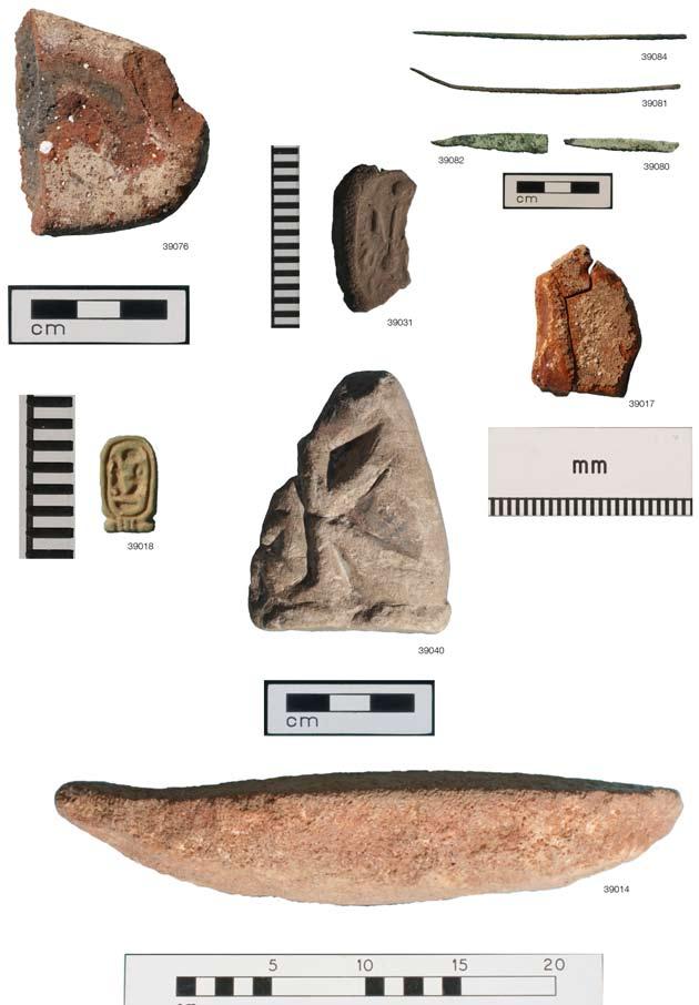 Figure 14. A selection of artefacts from the 2008 season, from top left: pottery cobra figurine (obj. 39076), fragment of a mud document sealing (obj.