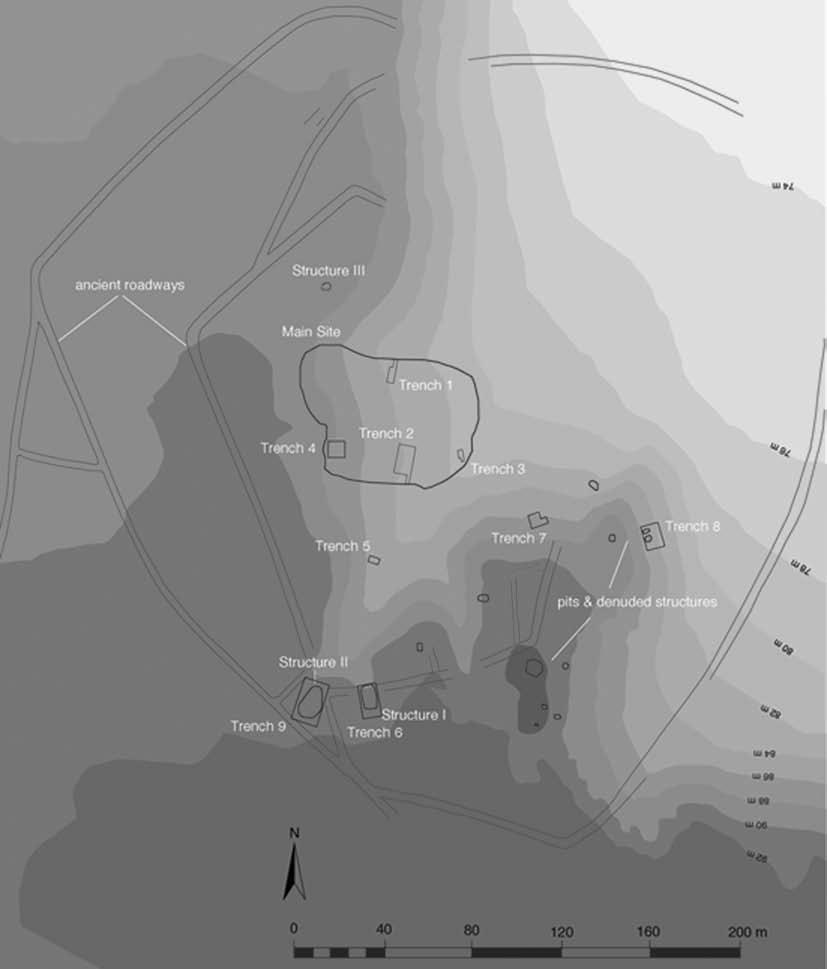 Figure 1. The Stone Village, showing the position of the Main Site, surrounding roadways, and trenches excavated between 2005 and 2008. know how concentrated they are here.