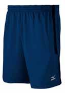 Side seam pockets with contrast paneling. Mizuno Performance soft touch elastic waistband. Mizuno Runbird logo heat transfer on lower front left.