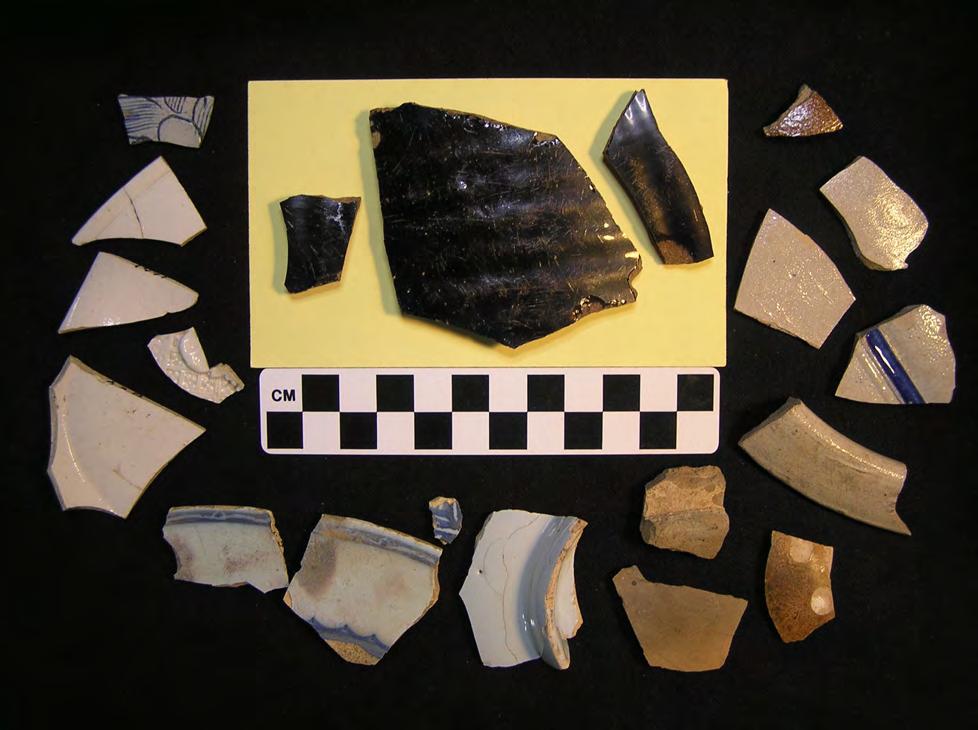 Thwings Point 2011 14 A variety of other ceramic types were found as shown in Figure 14. On the yellow background at the top are 3 of the 7 shards of Jackfield recovered.