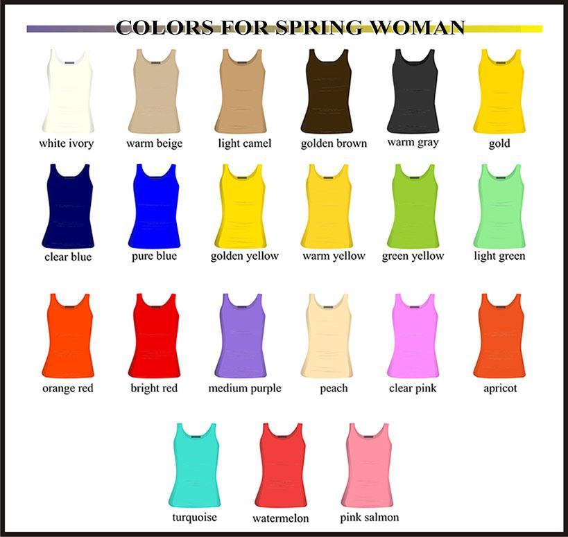 Colors for the Spring Woman To best flatter your skin tone, choose clothes with colors such as: white ivory, warm beige, light camel, golden brown, warm gray, gold, clear blue, pure blue, golden