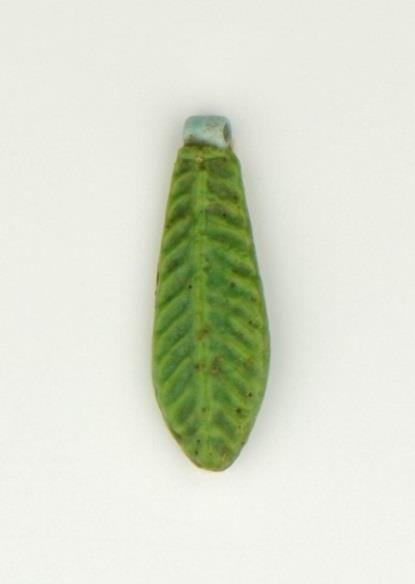 Figure 12.5a: Example of 18 th Dynasty faience leaf bead with suspension loop (Measurements: 24 x 8 x 4 mm ) [Liverpool Museum] Figure 12.