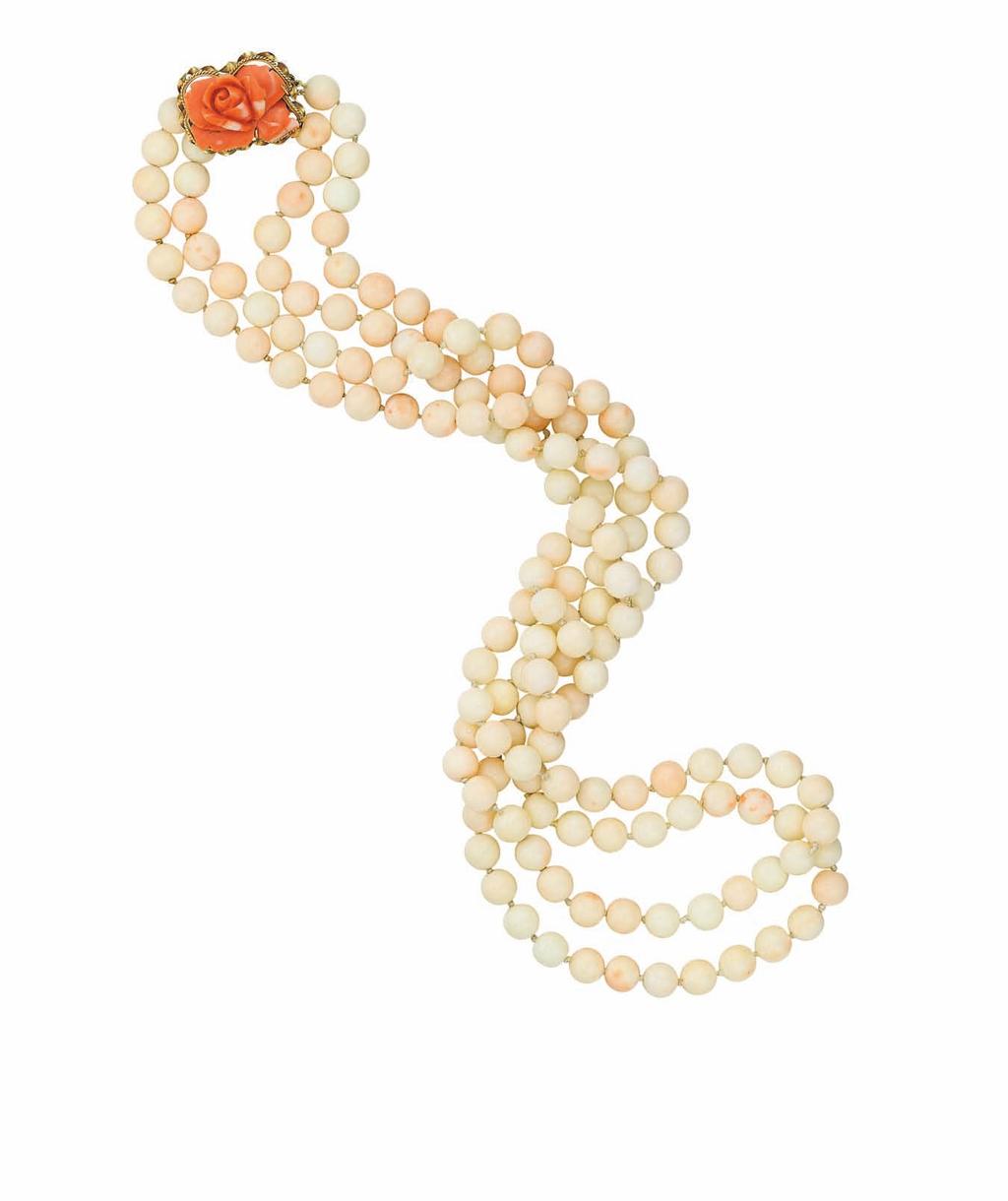 12 14 13 15 PROPERTY OF A LADY 12 A Set of Coral Jewelry Comprising a necklace, of two strands of coral beads, measuring from approximately 8.74 to 8.