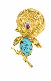 turquoise body, perched on a polished gold branch, mounted in 18K yellow gold, length 1 1/2 inches. Signed Van Cleef & Arpels no.